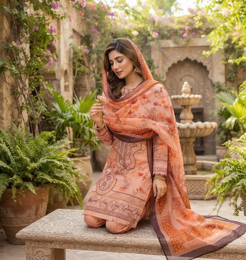 Bin Saeed Patches Printed Lawn Suit 3 Piece Unstitched for Women – Pink