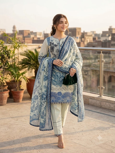 Adan's Libas Bana Dora 3 Piece Unstitched Lawn Suit – Ivory & Royal Blue