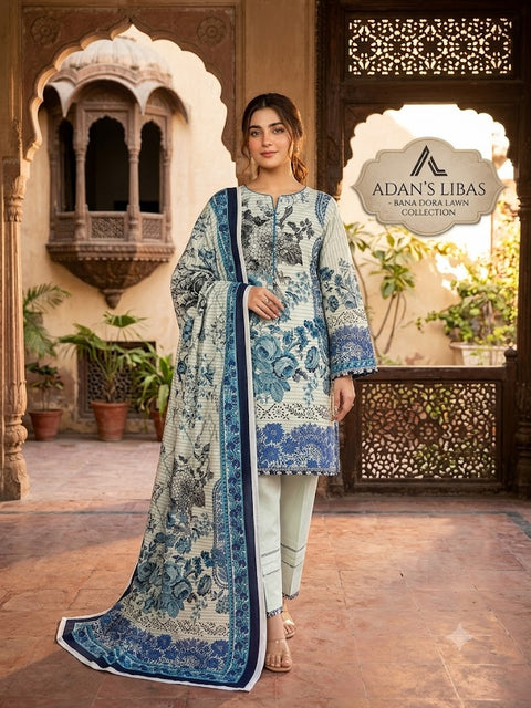 Adan's Libas Bana Dora 3 Piece Unstitched Lawn Suit – Ivory & Royal Blue