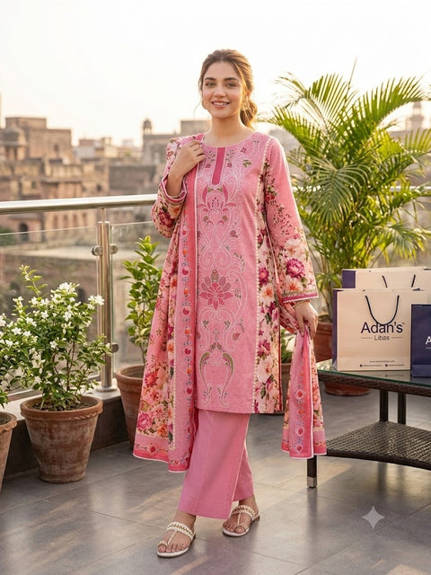 Adan's Libas Bana Dora 3 Piece Unstitched Lawn Suit – Pink