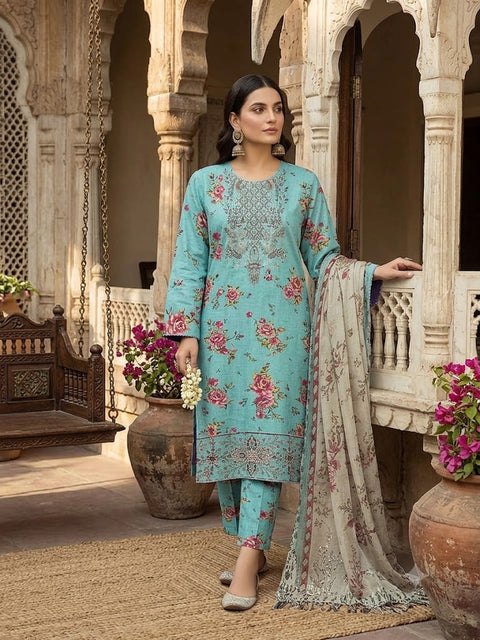 Aneelas Patches Printed Lawn Suit 3 Piece Unstitched for Women – Sky Blue