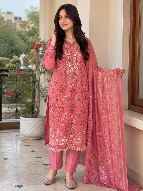 Aneelas Patches Printed Lawn Suit 3 Piece Unstitched for Women – Pink