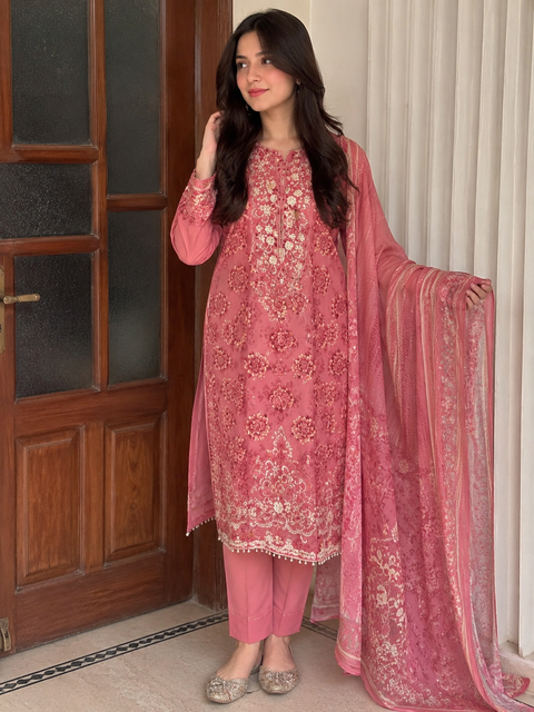 Aneelas Patches Printed Lawn Suit 3 Piece Unstitched for Women – Pink