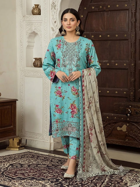 Aneelas Patches Printed Lawn Suit 3 Piece Unstitched for Women – Sky Blue