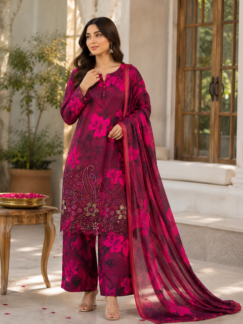 Bareeze Chicken Kari Lawn Suit 3 Piece Unstitched for Women – Red