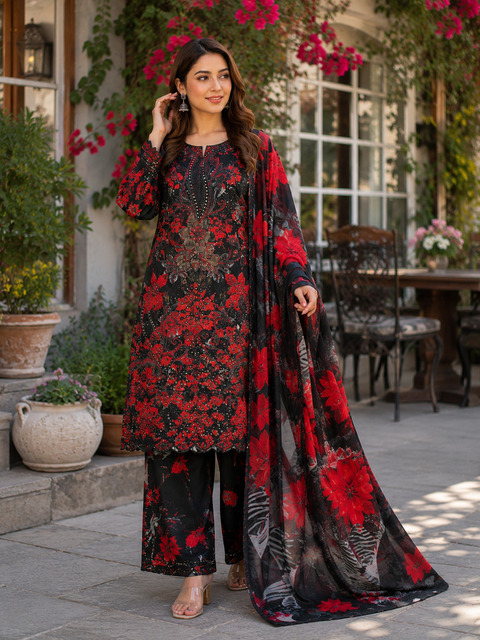 Bareeze Chicken Kari Lawn Suit 3 Piece Unstitched for Women – Black & Red