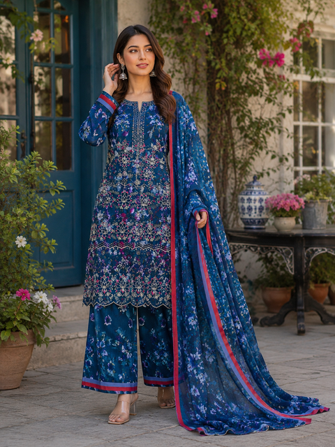 Bareeze Chicken Kari Lawn Suit 3 Piece Unstitched for Women – Blue