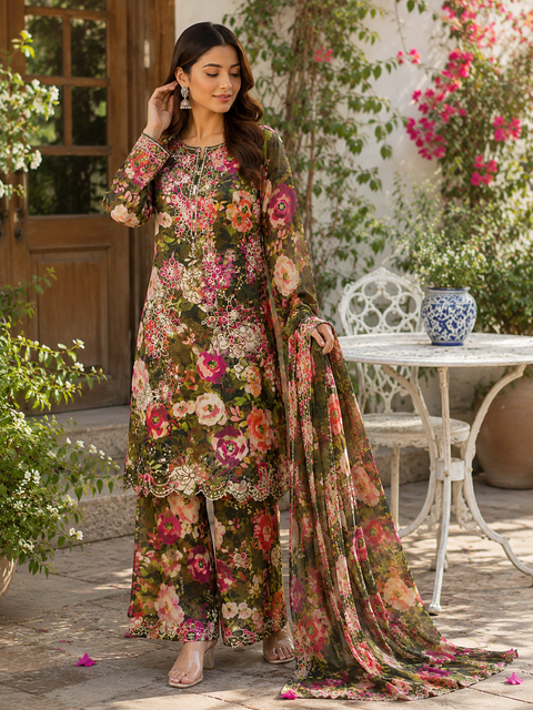 Bareeze Chicken Kari Lawn Suit 3 Piece Unstitched for Women – Brown