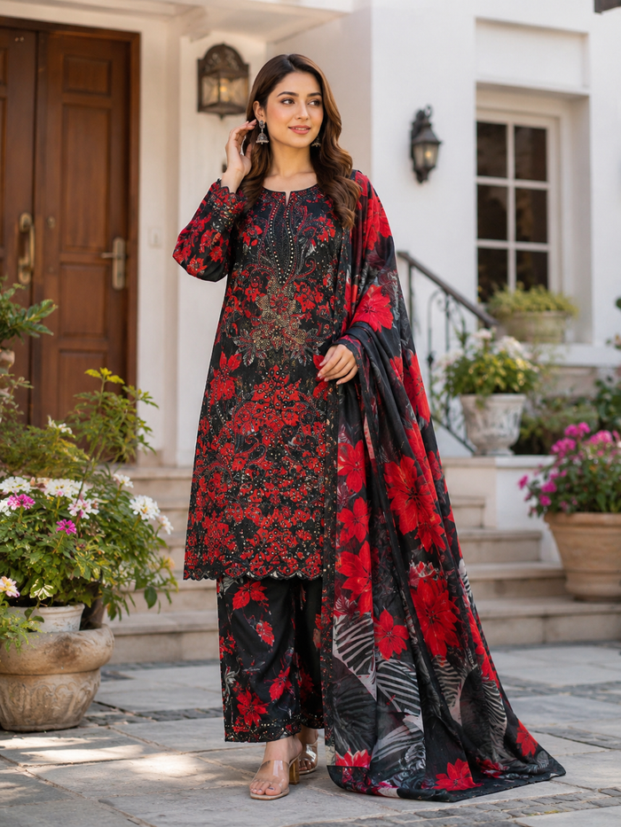Bareeze Chicken Kari Lawn Suit 3 Piece Unstitched for Women – Black & Red