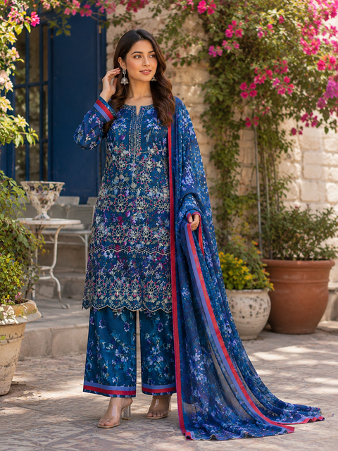 Bareeze Chicken Kari Lawn Suit 3 Piece Unstitched for Women – Blue