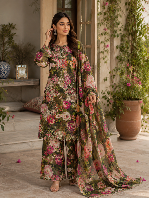 Bareeze Chicken Kari Lawn Suit 3 Piece Unstitched for Women – Brown