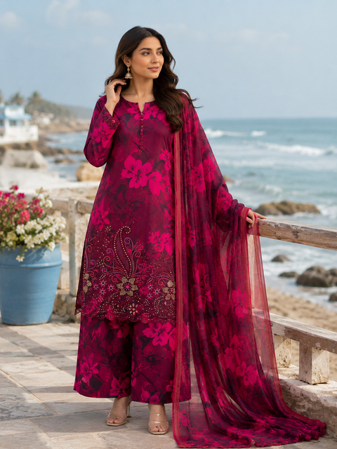 Bareeze Chicken Kari Lawn Suit 3 Piece Unstitched for Women – Red