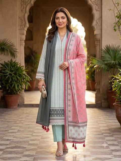 Bin Saeed Digital Printed 3 Piece Unstitched Lawn Suit for Women – Gray
