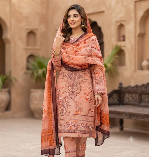 Bin Saeed Patches Printed Lawn Suit 3 Piece Unstitched for Women – Pink