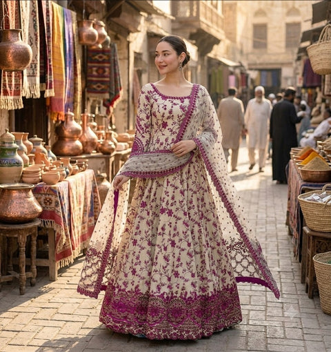 Faiza Saqlain Printed Lawn Suit 3 Piece Unstitched for Women – Dark Pink & White