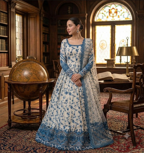 Faiza Saqlain Printed Lawn Suit 3 Piece Unstitched for Women – White & Blue