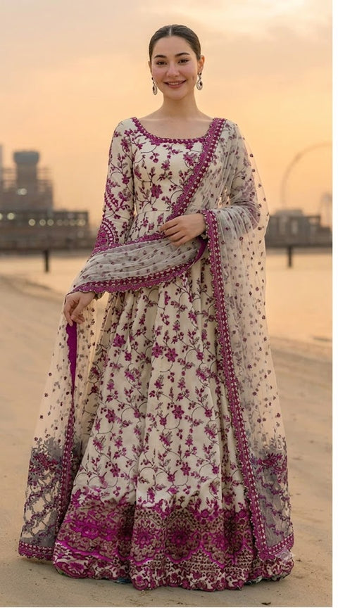 Faiza Saqlain Printed Lawn Suit 3 Piece Unstitched for Women – Dark Pink & White