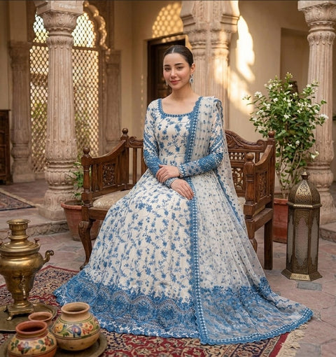 Faiza Saqlain Printed Lawn Suit 3 Piece Unstitched for Women – White & Blue