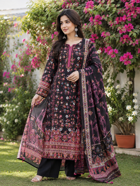 Firdous Digital Printed Lawn Suit 3 Piece Unstitched for Women – Floral Black