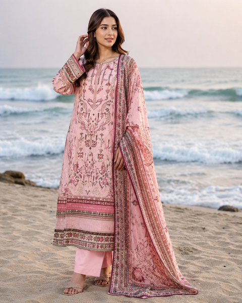 Firdous Digital Printed Lawn Suit 3 Piece Unstitched for Women – Floral Pink