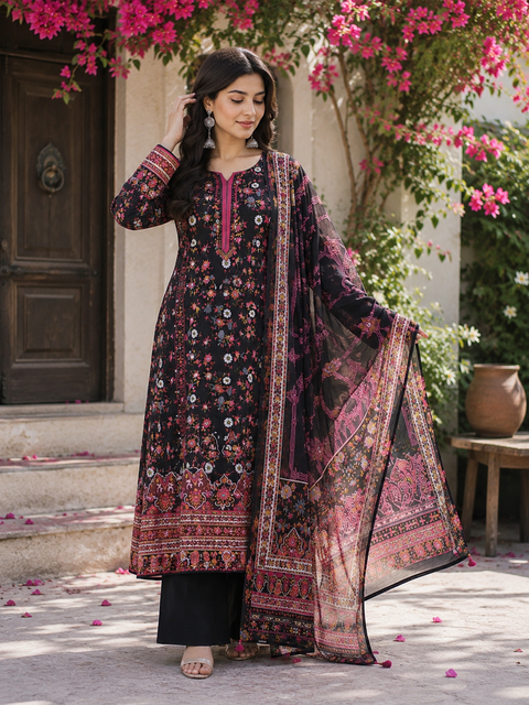 Firdous Digital Printed Lawn Suit 3 Piece Unstitched for Women – Floral Black