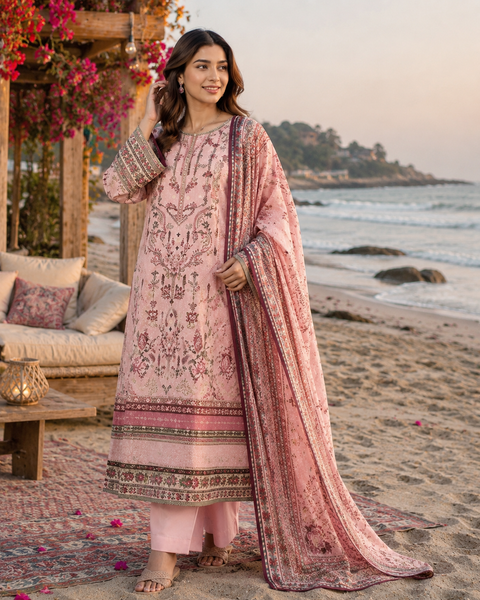 Firdous Digital Printed Lawn Suit 3 Piece Unstitched for Women – Floral Pink