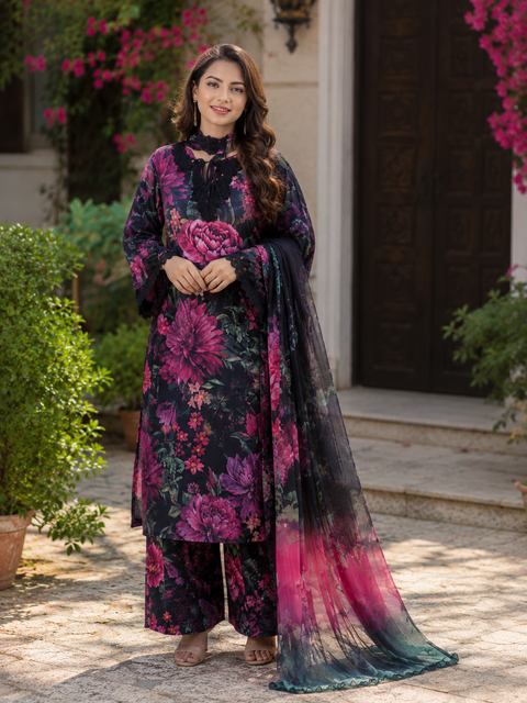 Iznik Patches Printed Lawn Suit 3 Piece Unstitched for Women – Dark Pink & Black