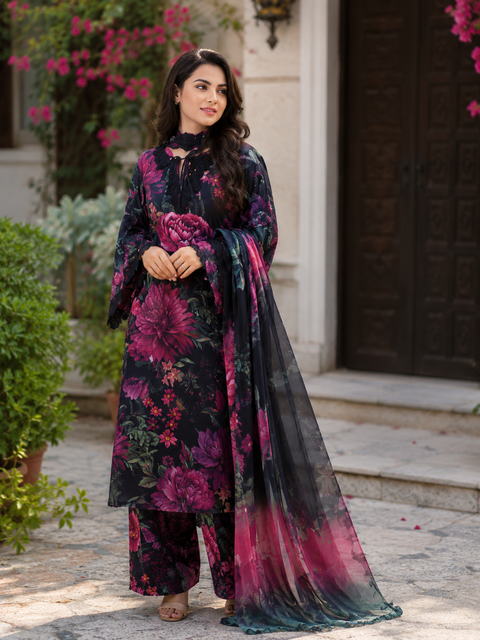 Iznik Patches Printed Lawn Suit 3 Piece Unstitched for Women – Dark Pink & Black