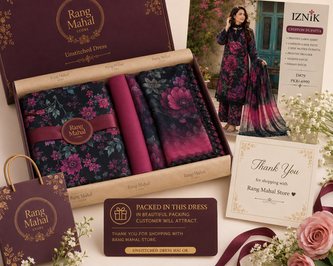 Iznik Patches Printed Lawn Suit 3 Piece Unstitched for Women – Dark Pink & Black
