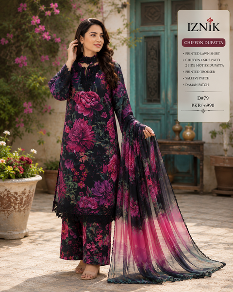 Iznik Patches Printed Lawn Suit 3 Piece Unstitched for Women – Dark Pink & Black