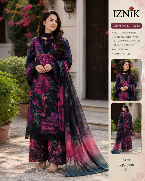 Iznik Patches Printed Lawn Suit 3 Piece Unstitched for Women – Dark Pink & Black