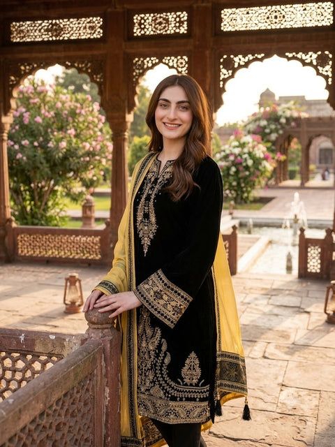Jazmin Embroidered Lawn Suit 3 Piece Unstitched for Women – Black & Yellow