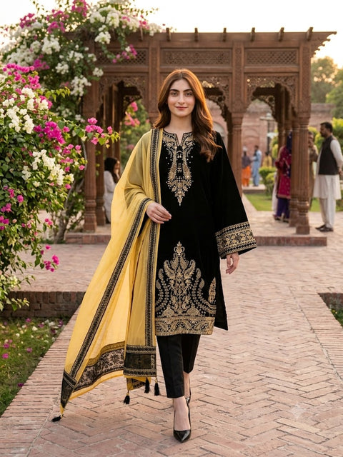 Jazmin Embroidered Lawn Suit 3 Piece Unstitched for Women – Black & Yellow
