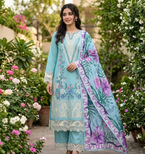 Mushq Embroidered Lawn Suit 3 Piece Unstitched for Women – Light Green
