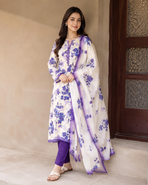 Nishat Bana Dora Printed Lawn Suit 3 Piece Unstitched for Women – Purple & White