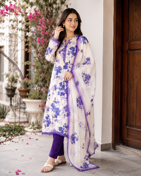 Nishat Bana Dora Printed Lawn Suit 3 Piece Unstitched for Women – Purple & White