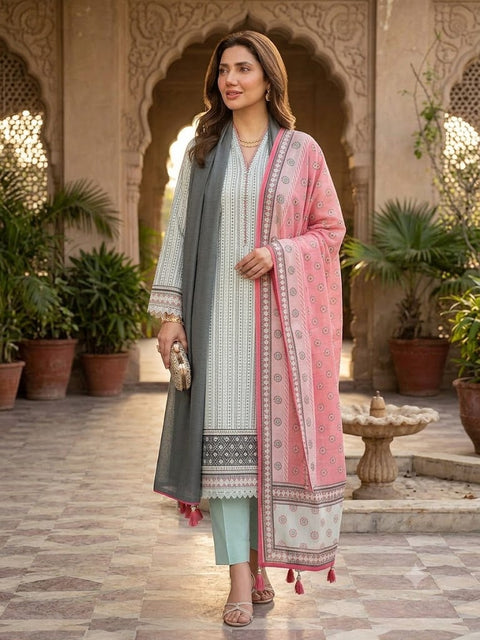 Bin Saeed Digital Printed 3 Piece Unstitched Lawn Suit for Women – Gray
