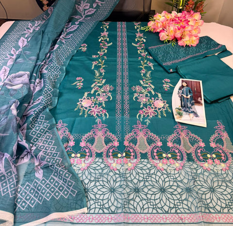 Qalamkar Embroidered Lawn Suit 3 Piece Unstitched for Women – Dark Green