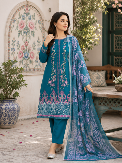 Qalamkar Embroidered Lawn Suit 3 Piece Unstitched for Women – Dark Green