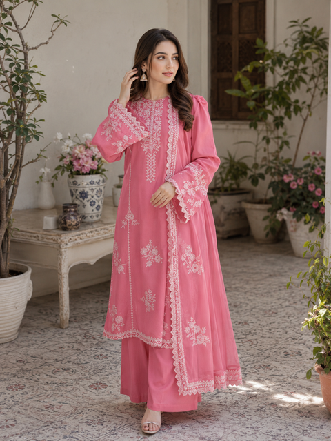 QALAMQAR Embroidered Lawn Suit 3 Piece Unstitched for Women – Pink