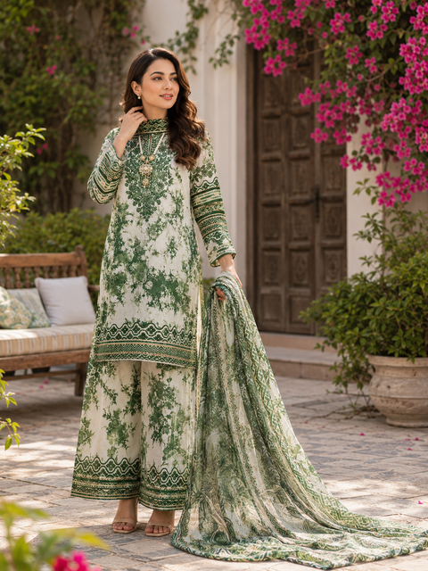 Sapphire Patches Printed Lawn Suit 3 Piece Unstitched for Women – Green & White