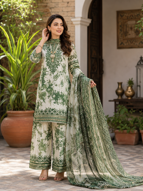 Sapphire Patches Printed Lawn Suit 3 Piece Unstitched for Women – Green & White