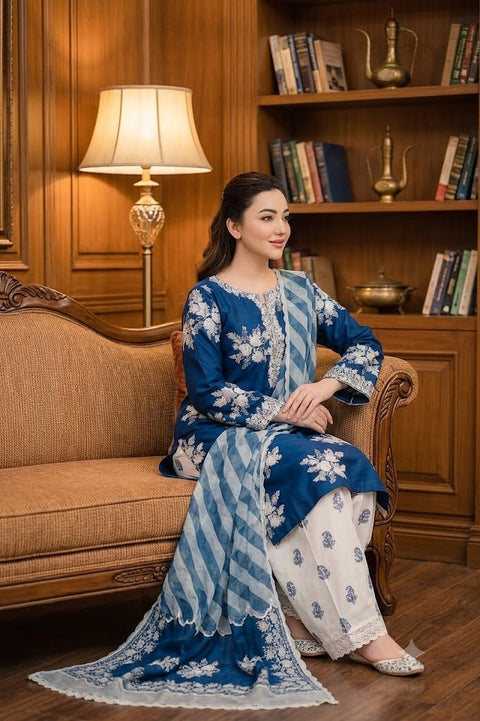 Zara Shahjahan Embroidered Lawn Suit 3 Piece Unstitched for Women – Blue & White